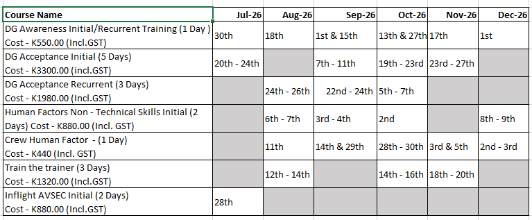 2026 Training Schedule